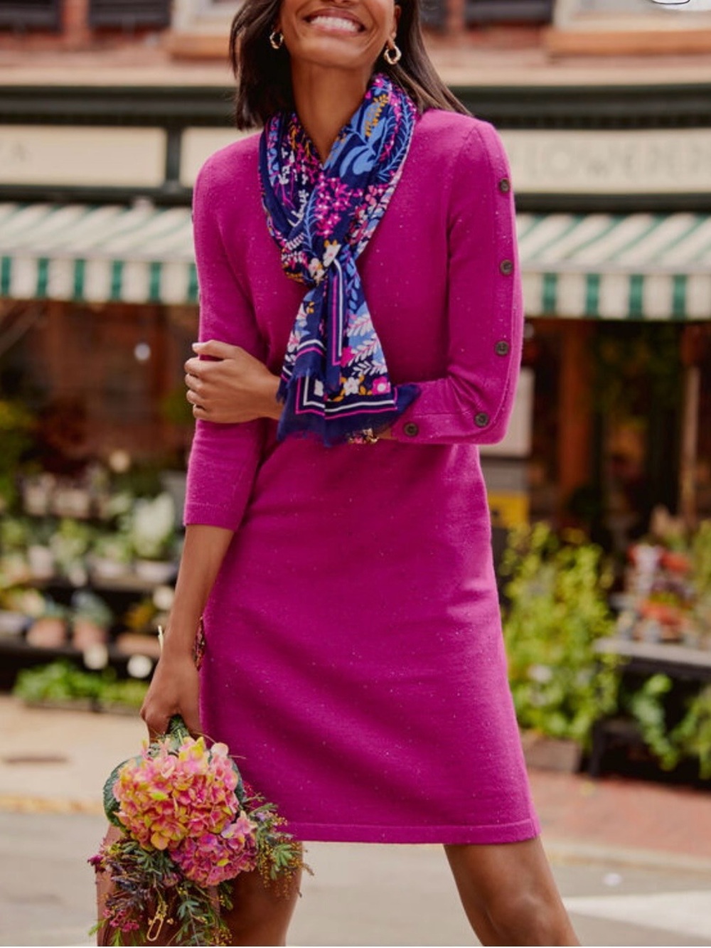 Talbots Kitty Tweed Open Neck Sweater Dress 3/4 Sleeves Magenta Size LP